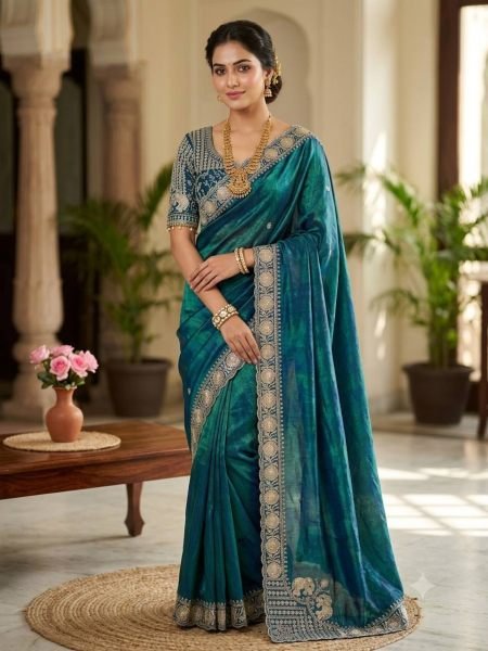 Fascinating Teal Blue Fendy Satin C-Pallu Saree with Sequins Embroidery and Cutwork Border 