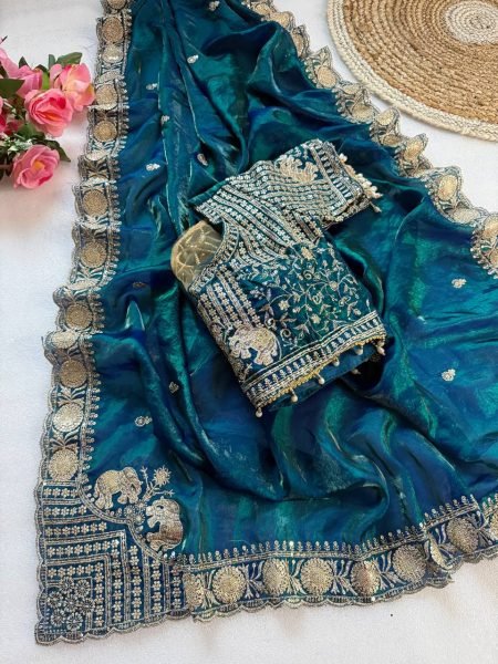 Fascinating Teal Blue Fendy Satin C-Pallu Saree with Sequins Embroidery and Cutwork Border Designer Wedding Sarees Wholesale