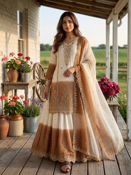 Fascinating White Dual Tone Georgette Kurti Palazzo Set for Wedding Wear Ready To Wear Suit