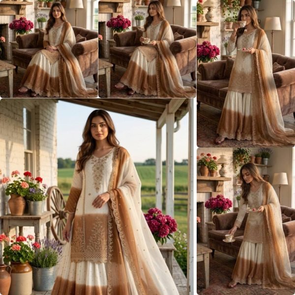 Fascinating White Dual Tone Georgette Kurti Palazzo Set for Wedding Wear Ready To Wear Collection