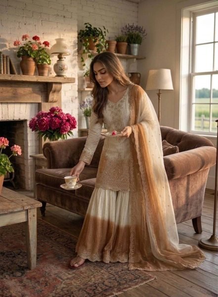 Fascinating White Dual Tone Georgette Kurti Palazzo Set for Wedding Wear Ready To Wear Collection