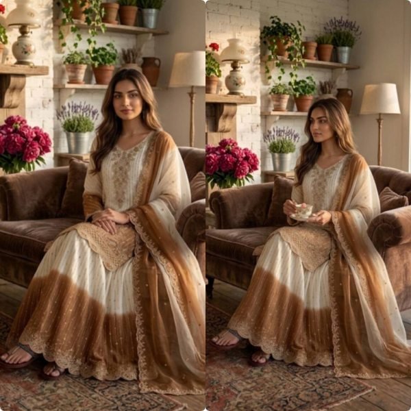 Fascinating White Dual Tone Georgette Kurti Palazzo Set for Wedding Wear Ready To Wear Collection