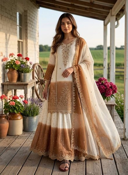 Fascinating White Dual Tone Georgette Kurti Palazzo Set for Wedding Wear Ready To Wear Collection