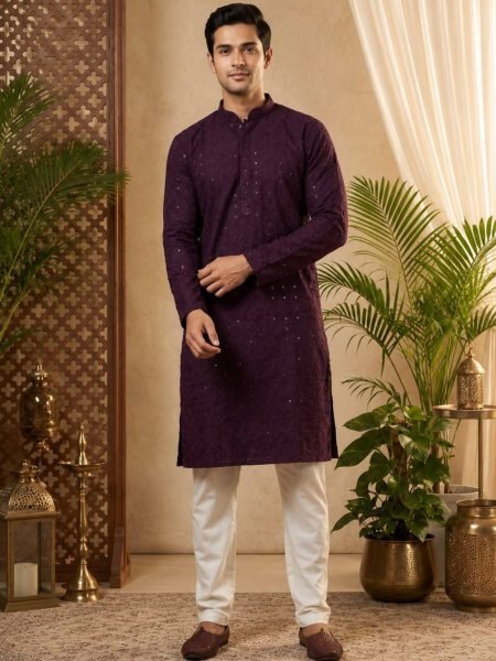 Fascinating Wine Rayon Embroidered Kurta Pajama Set for Festive Wear 