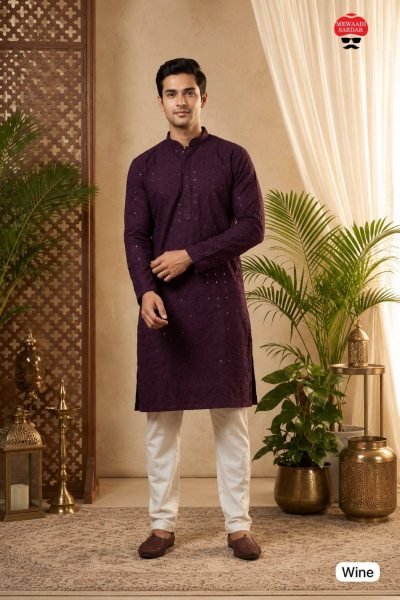 Fascinating Wine Rayon Embroidered Kurta Pajama Set for Festive Wear Kurta Pajama Wholesale