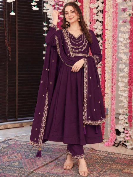 Fascinating Wine Roman Silk Anarkali with Embroidered Dupatta and Border Lace 