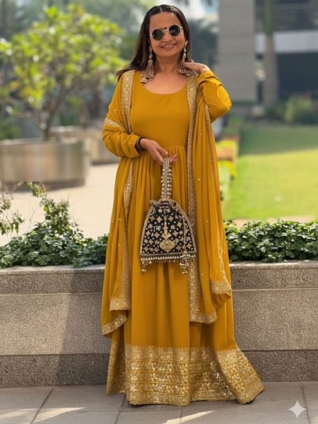Fascinating Yellow Fully Stitch Georgette Gown with Lace Dupatta for Function Wear Haldi Ceremony Outfits