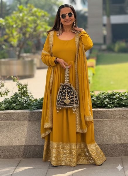 Fascinating Yellow Fully Stitch Georgette Gown with Lace Dupatta for Function Wear Plus Size Kurti / Gown