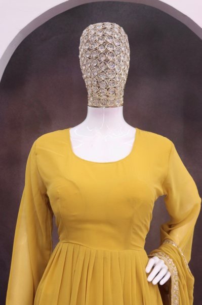 Fascinating Yellow Fully Stitch Georgette Gown with Lace Dupatta for Function Wear Plus Size Kurti / Gown