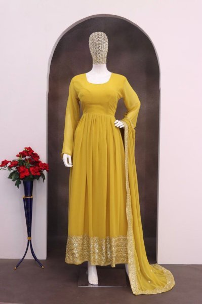 Fascinating Yellow Fully Stitch Georgette Gown with Lace Dupatta for Function Wear Plus Size Kurti / Gown