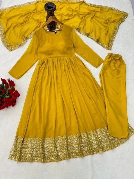 Fascinating Yellow Fully Stitch Georgette Gown with Lace Dupatta for Function Wear Plus Size Kurti / Gown