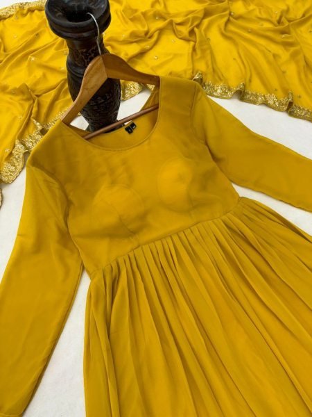 Fascinating Yellow Fully Stitch Georgette Gown with Lace Dupatta for Function Wear Plus Size Kurti / Gown