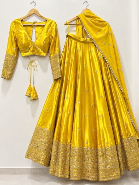 Fascinating Yellow Vichitra Silk Wedding Wear Lehenga with Sequin Embroidery  Lehenga