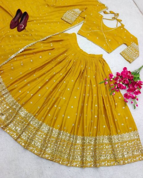 Fascinating Yellow Vichitra Silk Wedding Wear Lehenga with Sequin Embroidery Designer Lehenga Choli