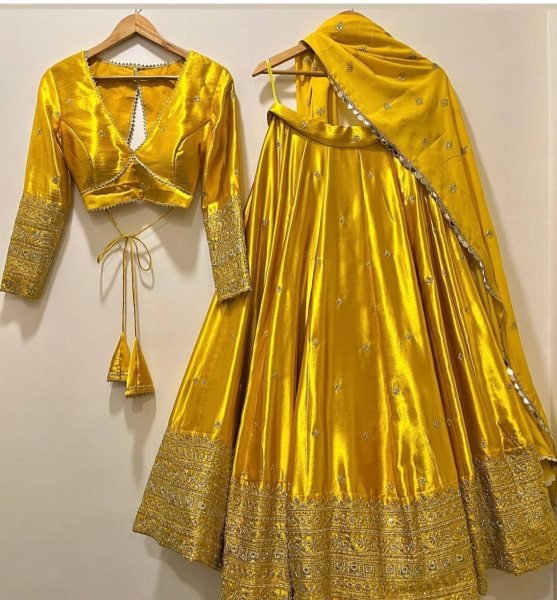 Fascinating Yellow Vichitra Silk Wedding Wear Lehenga with Sequin Embroidery Designer Lehenga Choli