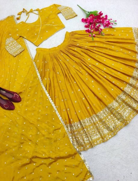 Fascinating Yellow Vichitra Silk Wedding Wear Lehenga with Sequin Embroidery Designer Lehenga Choli