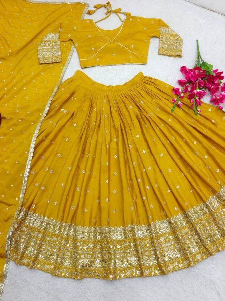 Fascinating Yellow Vichitra Silk Wedding Wear Lehenga with Sequin Embroidery Designer Lehenga Choli