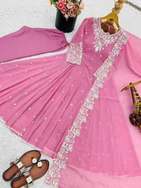 Fashion forward Baby Pink  Embroidery Rainbow Sequence with Moti Work  Gown For Party Wear Anarkali Kurtis 
