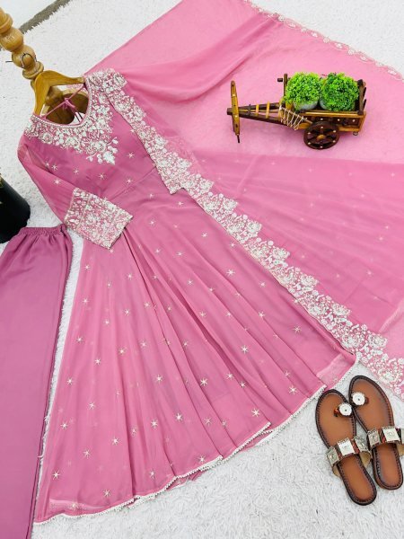 Fashion forward Baby Pink  Embroidery Rainbow Sequence with Moti Work  Gown For Party Wear Anarkali Kurtis 