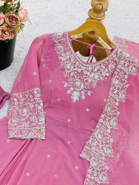 Fashion forward Baby Pink  Embroidery Rainbow Sequence with Moti Work  Gown For Party Wear Anarkali Kurtis 