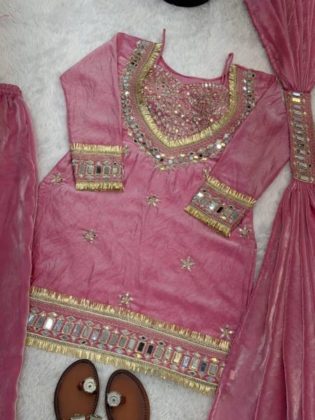 Fashion Forward Silk Mirror Work Top Sharara Plazzo Set with Dupatta Ready To Wear Collection