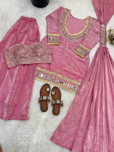 Fashion Forward Silk Mirror Work Top Sharara Plazzo Set with Dupatta Ready To Wear Collection