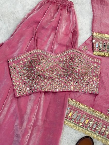 Fashion Forward Silk Mirror Work Top Sharara Plazzo Set with Dupatta Ready To Wear Collection