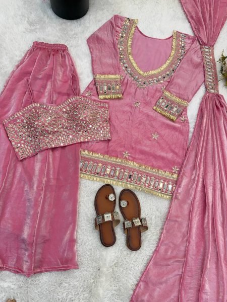 Fashion Forward Silk Mirror Work Top Sharara Plazzo Set with Dupatta Ready To Wear Collection