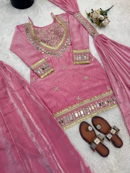 Fashion Forward Silk Mirror Work Top Sharara Plazzo Set with Dupatta Ready To Wear Collection