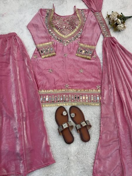 Fashion Forward Silk Mirror Work Top Sharara Plazzo Set with Dupatta Ready To Wear Collection