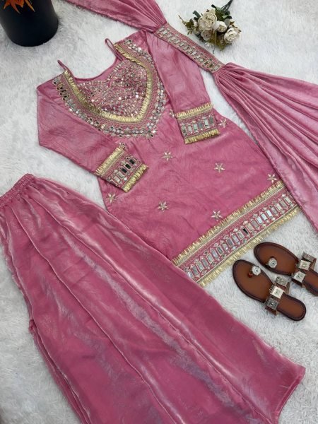 Fashion Forward Silk Mirror Work Top Sharara Plazzo Set with Dupatta Ready To Wear Collection