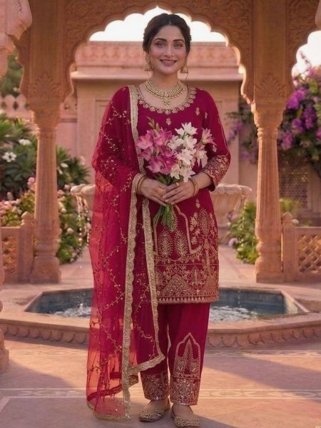 Fashion Statement Pink Natural Crepe Silk Fancy Suit Set With Net Dupatta Ready To Wear Suit