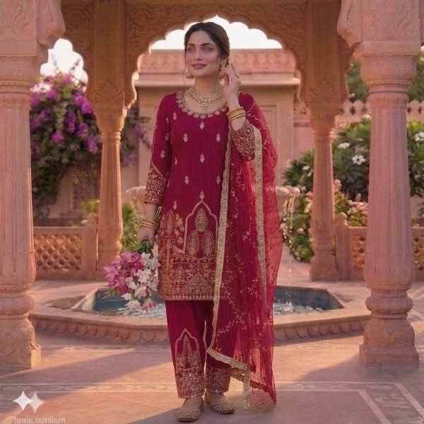 Fashion Statement Pink Natural Crepe Silk Fancy Suit Set With Net Dupatta Ready To Wear Collection