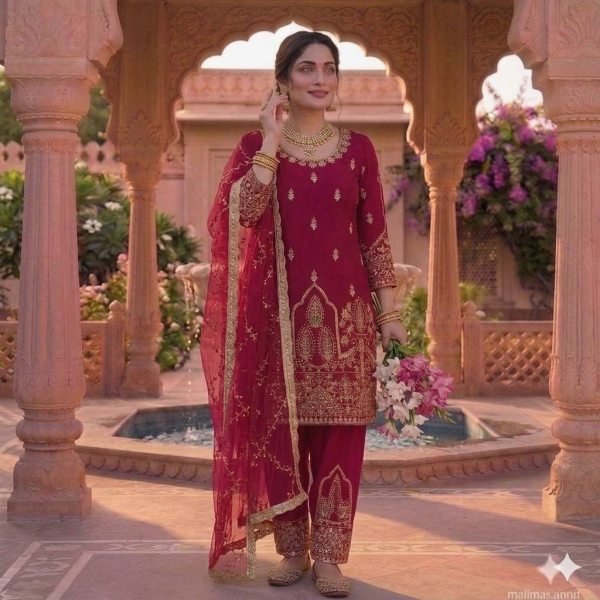 Fashion Statement Pink Natural Crepe Silk Fancy Suit Set With Net Dupatta Ready To Wear Collection