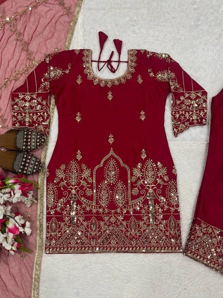 Fashion Statement Pink Natural Crepe Silk Fancy Suit Set With Net Dupatta Ready To Wear Collection
