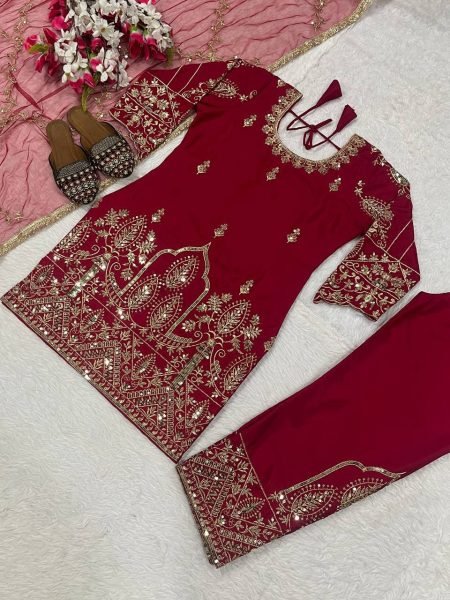 Fashion Statement Pink Natural Crepe Silk Fancy Suit Set With Net Dupatta Ready To Wear Collection