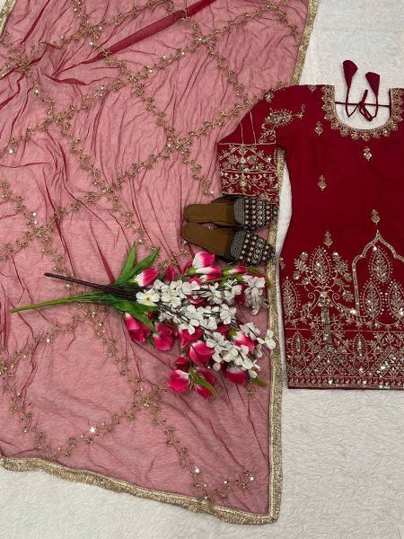 Fashion Statement Pink Natural Crepe Silk Fancy Suit Set With Net Dupatta Ready To Wear Collection