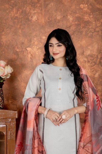    Fashionable Grey Cotton Casual Wear Suit Set With Dupatta | New Arrival  3 Piece Kurti Set