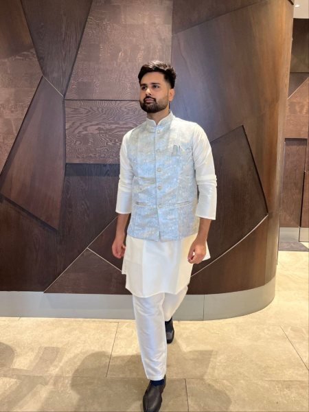 Sky Blue Jacquard Nehru Jacket with Cream Cotton Kurta Pajama Elegant Look at Manufacturer  Mens Wear