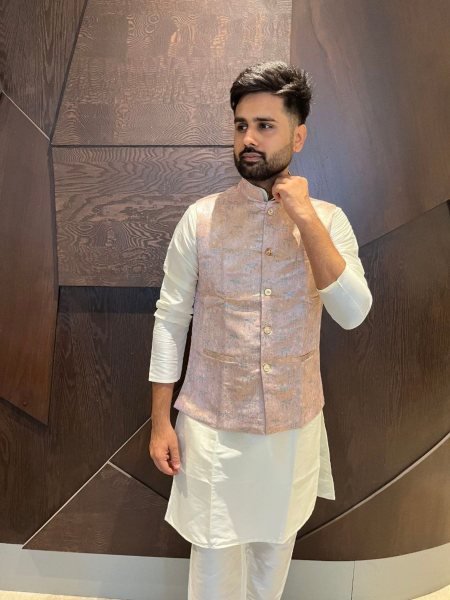 Blush Peach Jacquard Nehru Koti Kurta Set Festive Style for Resellers at Wholesale Rate Mens Wear