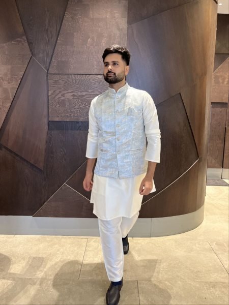 Sky Blue Jacquard Nehru Jacket with Cream Cotton Kurta Pajama Elegant Look at Manufacturer  Kurta Pajama Wholesale
