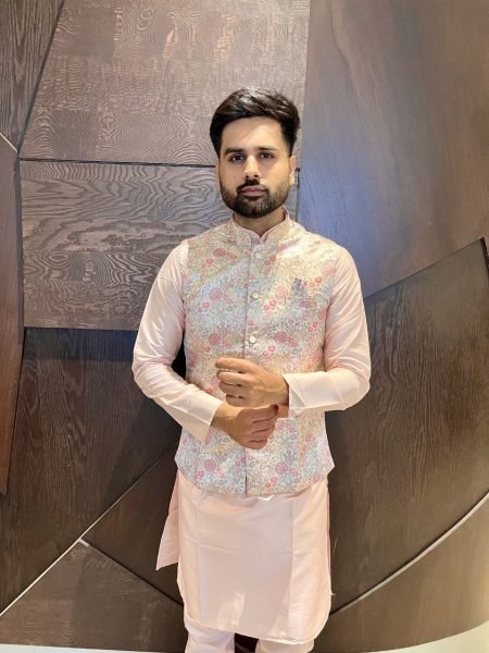 Pastel Pink Woven Jacquard Koti with White Cotton Kurta Wedding Wear Set  Kurta Pajama Wholesale