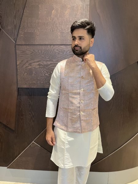 Blush Peach Jacquard Nehru Koti Kurta Set Festive Style for Resellers at Wholesale Rate Kurta Pajama Wholesale