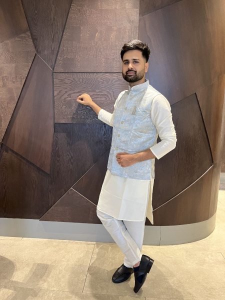 Sky Blue Jacquard Nehru Jacket with Cream Cotton Kurta Pajama Elegant Look at Manufacturer  Kurta Pajama Wholesale