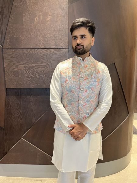 Silky White Jacquard Koti Kurta Set in Cotton Blend Fully Stitched Outfit for Festivals Kurta Pajama Wholesale