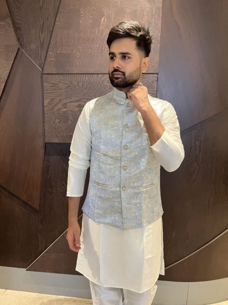 Sky Blue Jacquard Nehru Jacket with Cream Cotton Kurta Pajama Elegant Look at Manufacturer  Kurta Pajama Wholesale