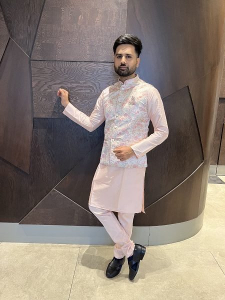 Pastel Pink Woven Jacquard Koti with White Cotton Kurta Wedding Wear Set  Kurta Pajama Wholesale