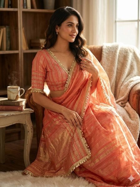 Fashionable Orange Tissue Silk Saree with Designer Lace Border for Wedding Wear Silk Sarees Wholesale