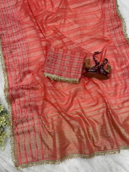 Fashionable Orange Tissue Silk Saree with Designer Lace Border for Wedding Wear Silk Sarees Wholesale