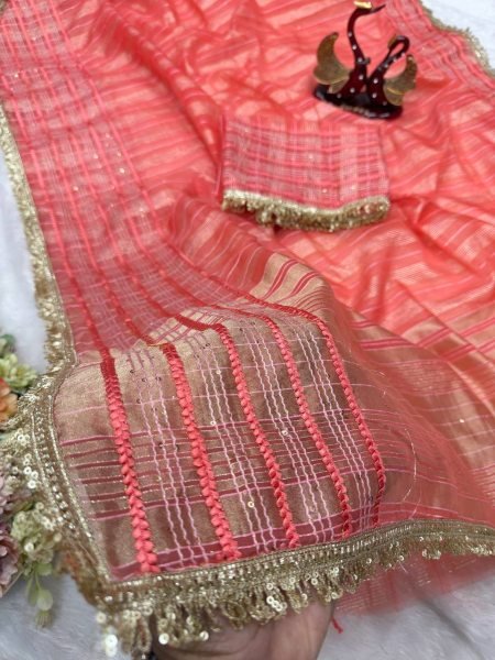 Fashionable Orange Tissue Silk Saree with Designer Lace Border for Wedding Wear Silk Sarees Wholesale